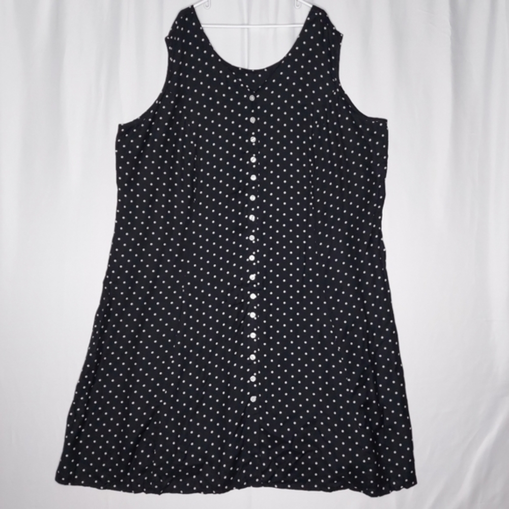 Roamans Dress 34W Black‎ White Polka-Dot Button A-Line Sleeveless Midi V-Neck